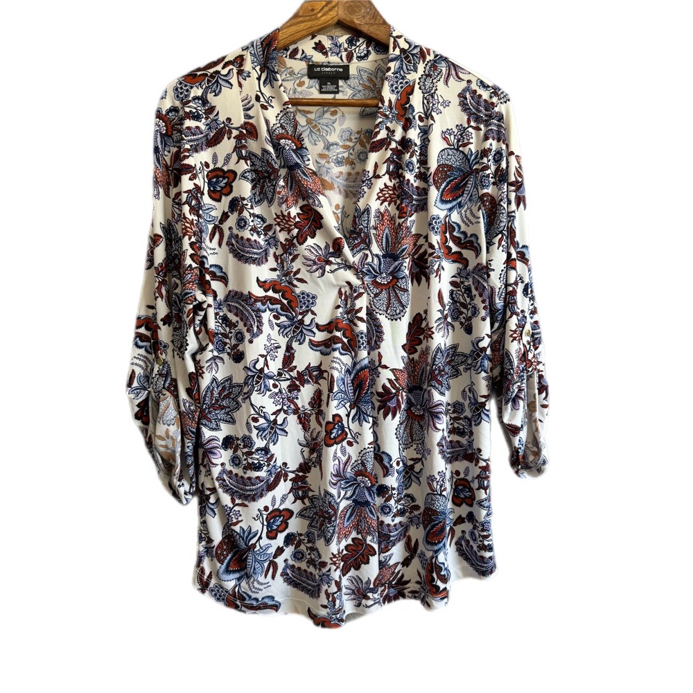 Liz Claiborne Floral Paisley Blouse Women XL White Rust Excellent Roll Tab VNeck